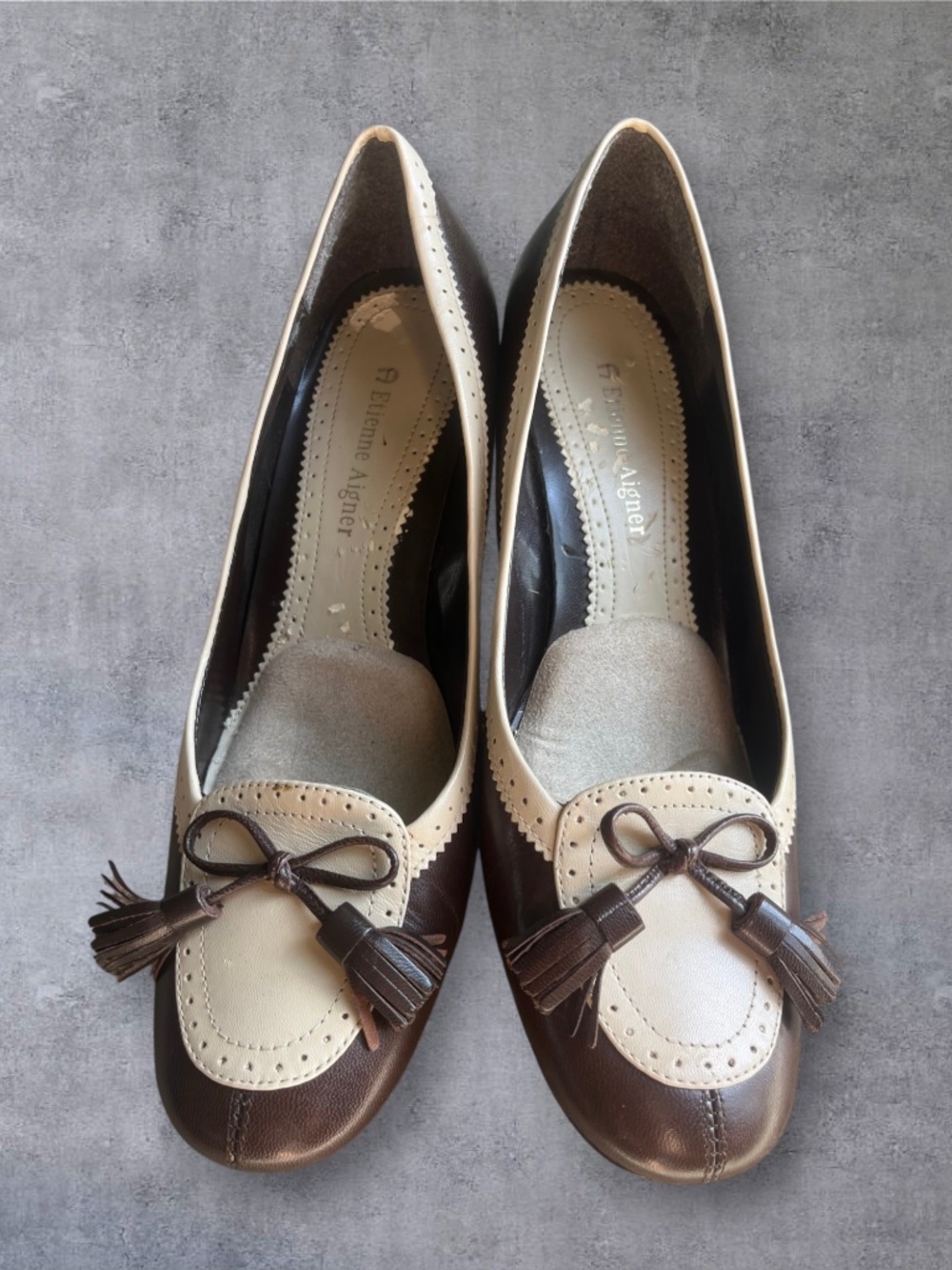 Etienne Aigner Two-Tone Brown & Cream Tassel Kitten Heel Pumps 6 - Picture 6 of 6